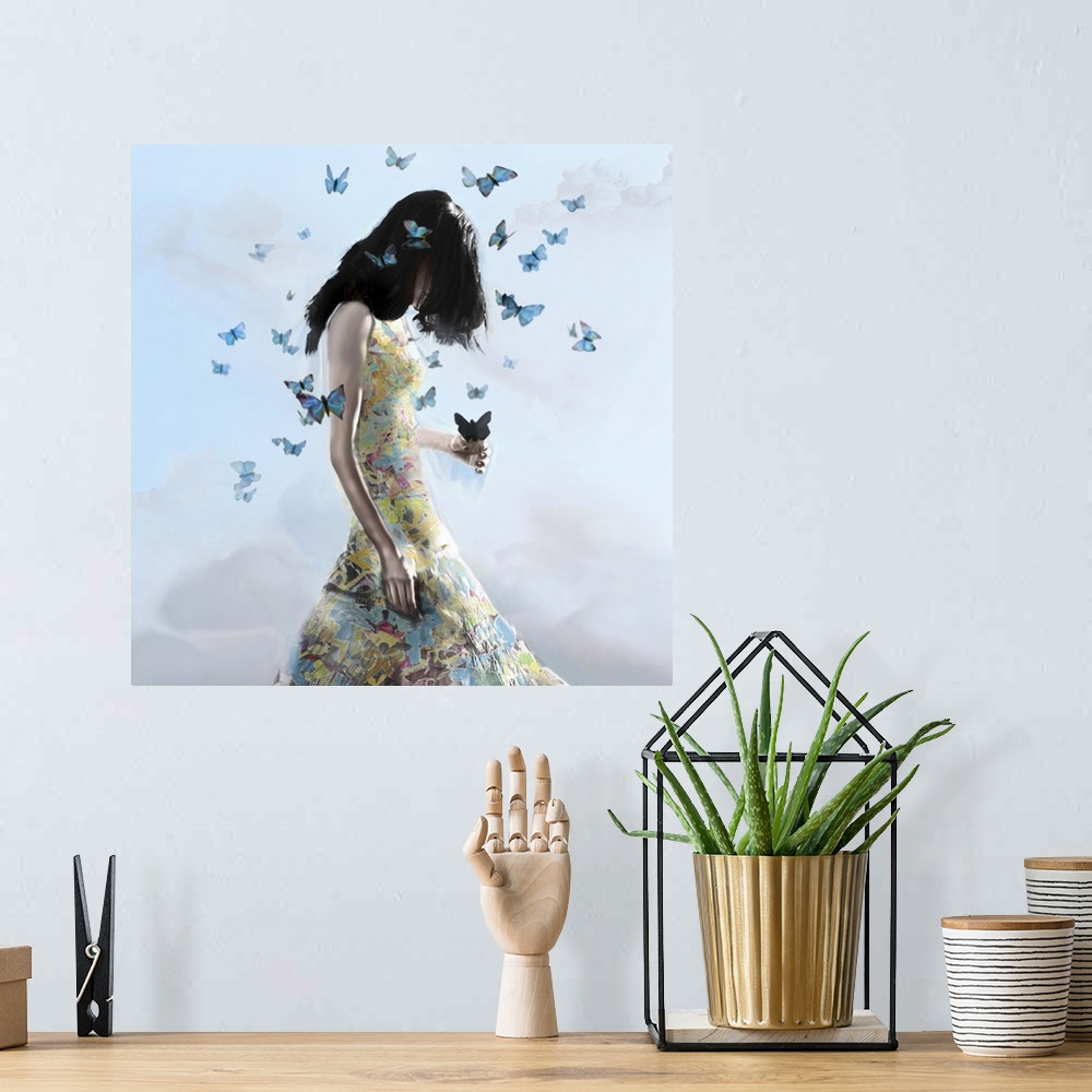 A bohemian room featuring Contemporary artwork of a women with dark hair standing against a blue background, wearing a dres...