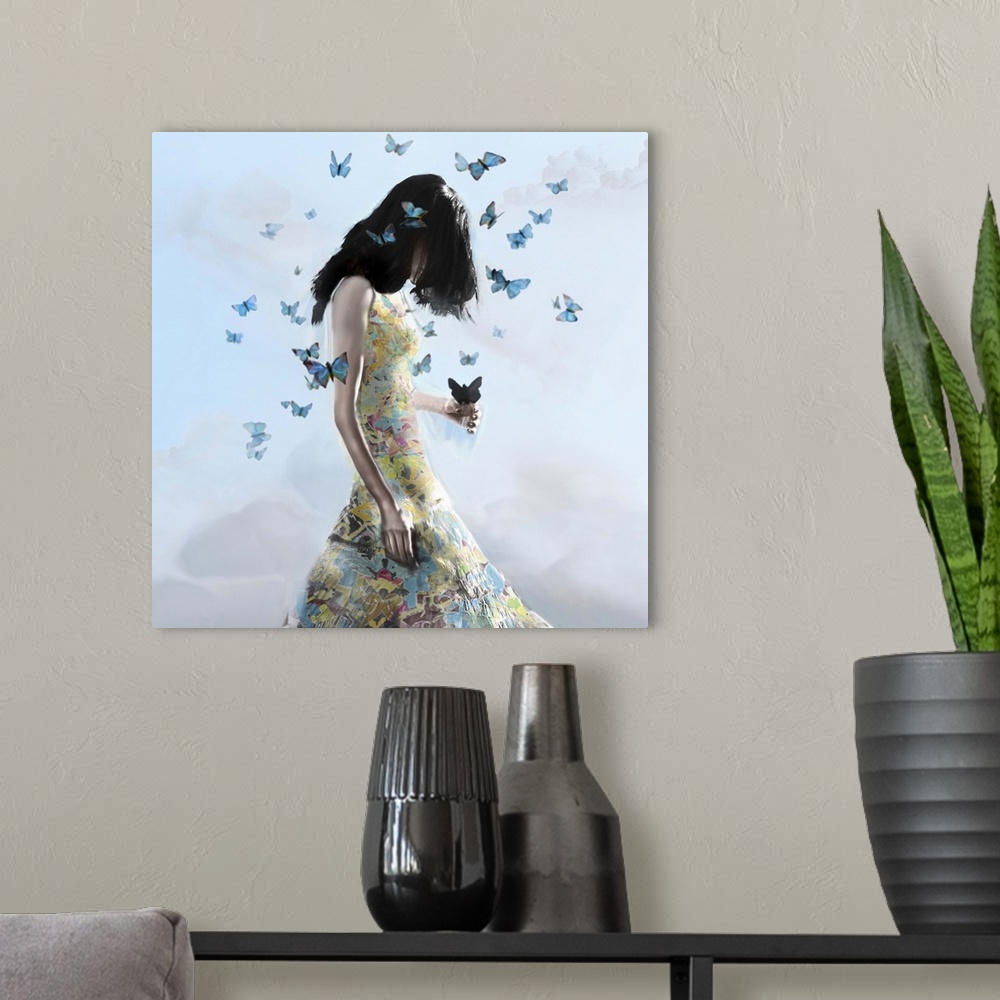 A modern room featuring Contemporary artwork of a women with dark hair standing against a blue background, wearing a dres...