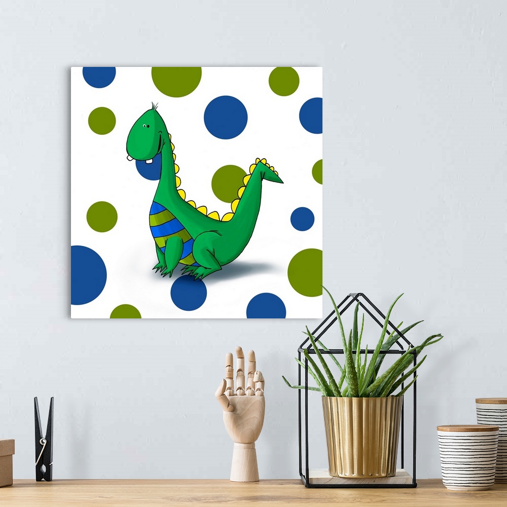 A bohemian room featuring Digital illustration of a dragon on a polka dot background.