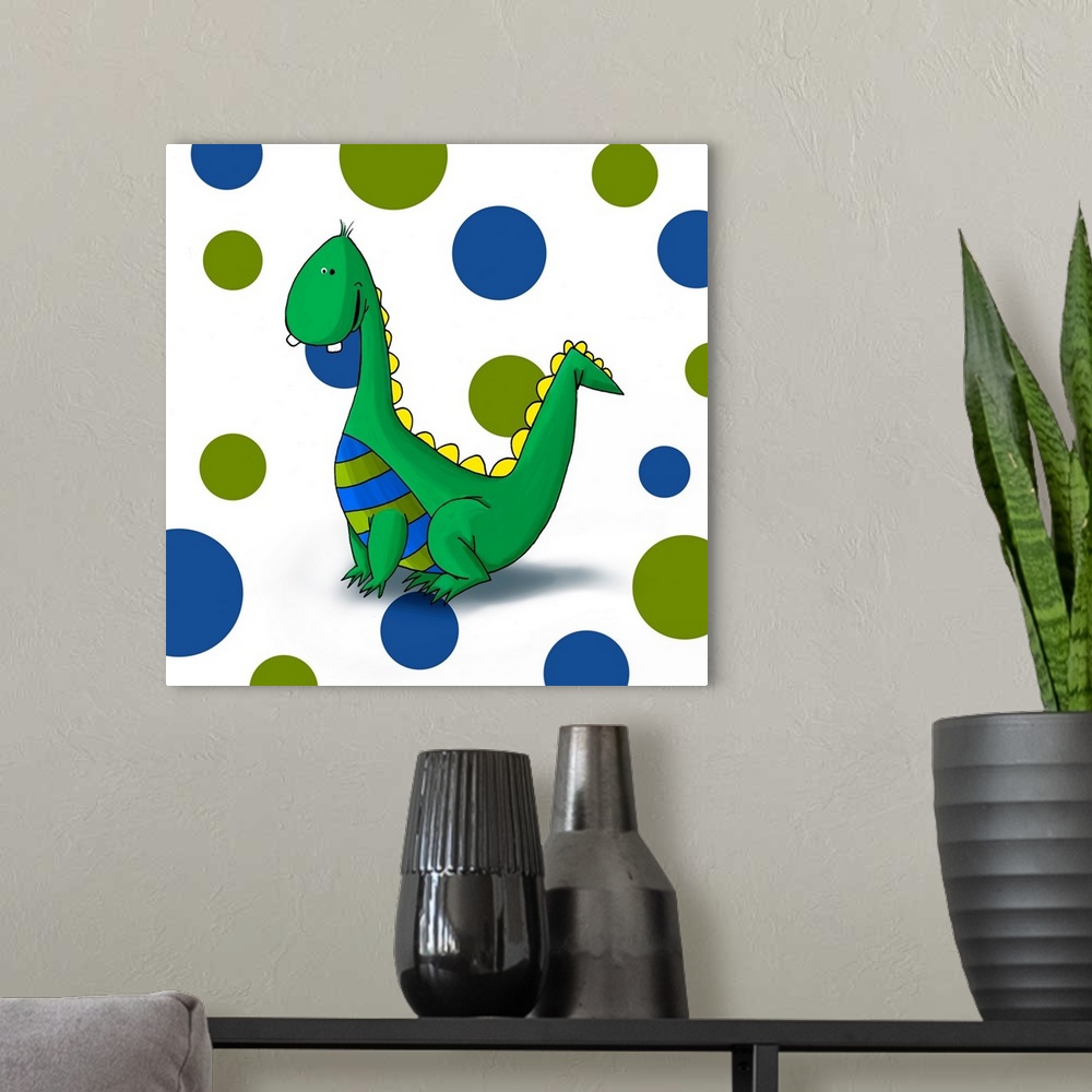 A modern room featuring Digital illustration of a dragon on a polka dot background.