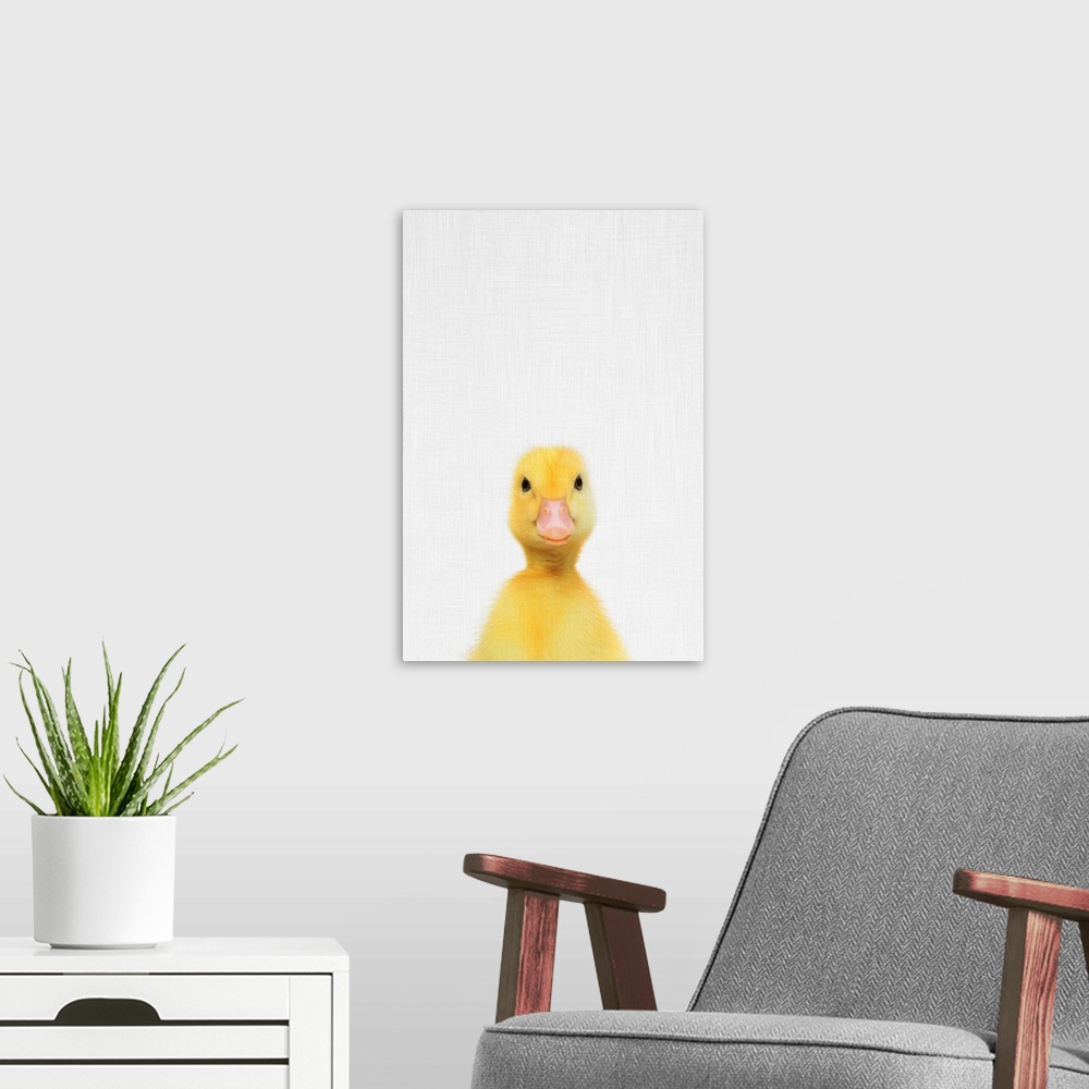 A modern room featuring A digital illustration of a baby duck.