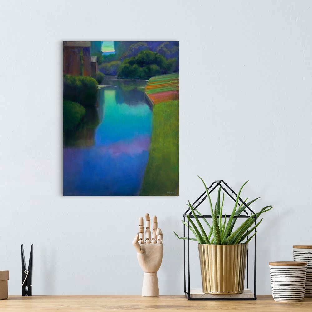 A bohemian room featuring A contemporary painting of a river flowing through a countryside.