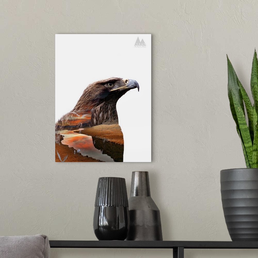 A modern room featuring A composite image of an eagle merged with an image of a stream along a mountain.