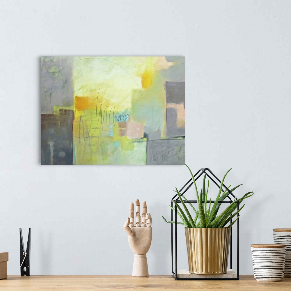 A bohemian room featuring Contemporary abstract painting using muted blue and green tones.