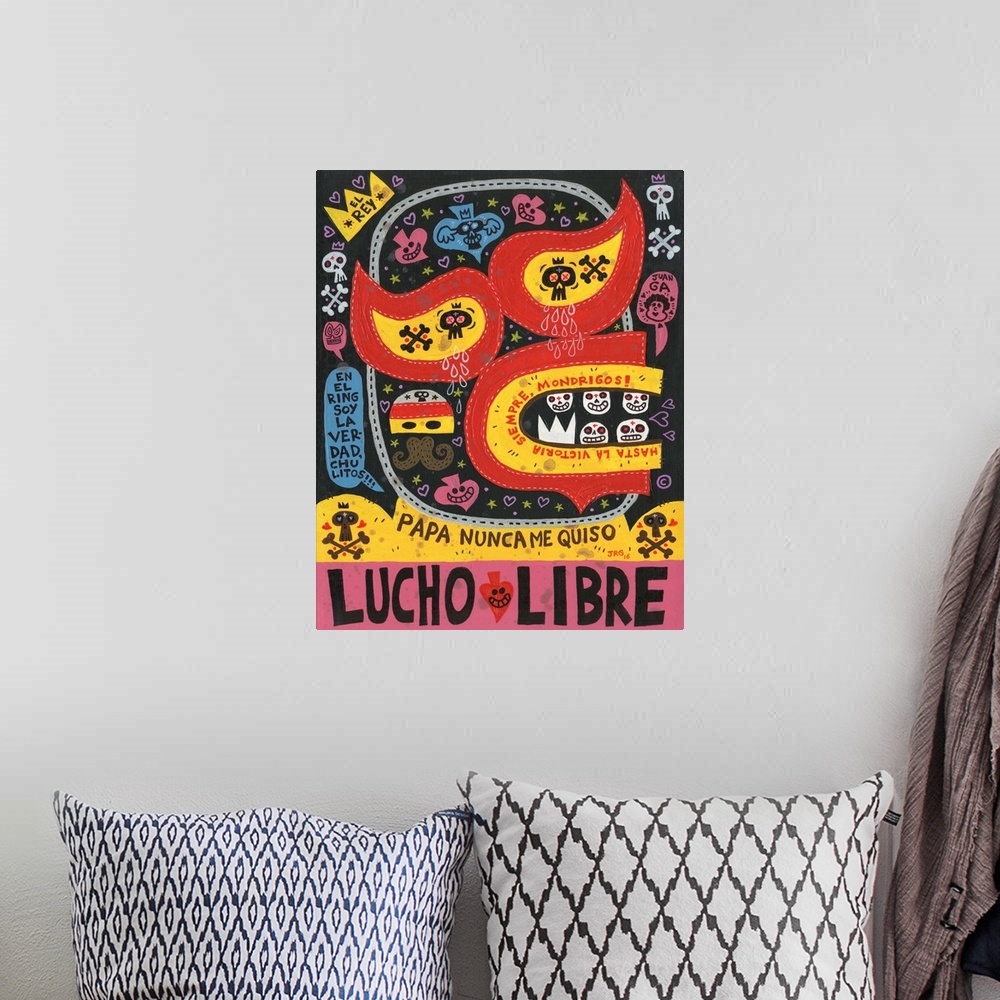 A bohemian room featuring Latin art of a luchador wearing a mask, decorated with hearts and skulls.