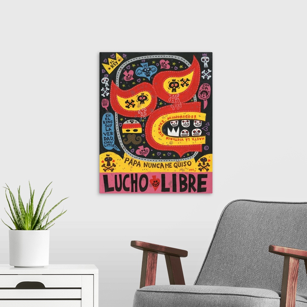 A modern room featuring Latin art of a luchador wearing a mask, decorated with hearts and skulls.