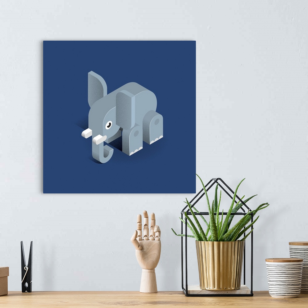 A bohemian room featuring Contemporary piece of artwork of a geometric yet soft looking blocky elephant.