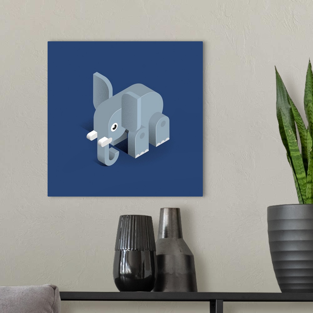 A modern room featuring Contemporary piece of artwork of a geometric yet soft looking blocky elephant.