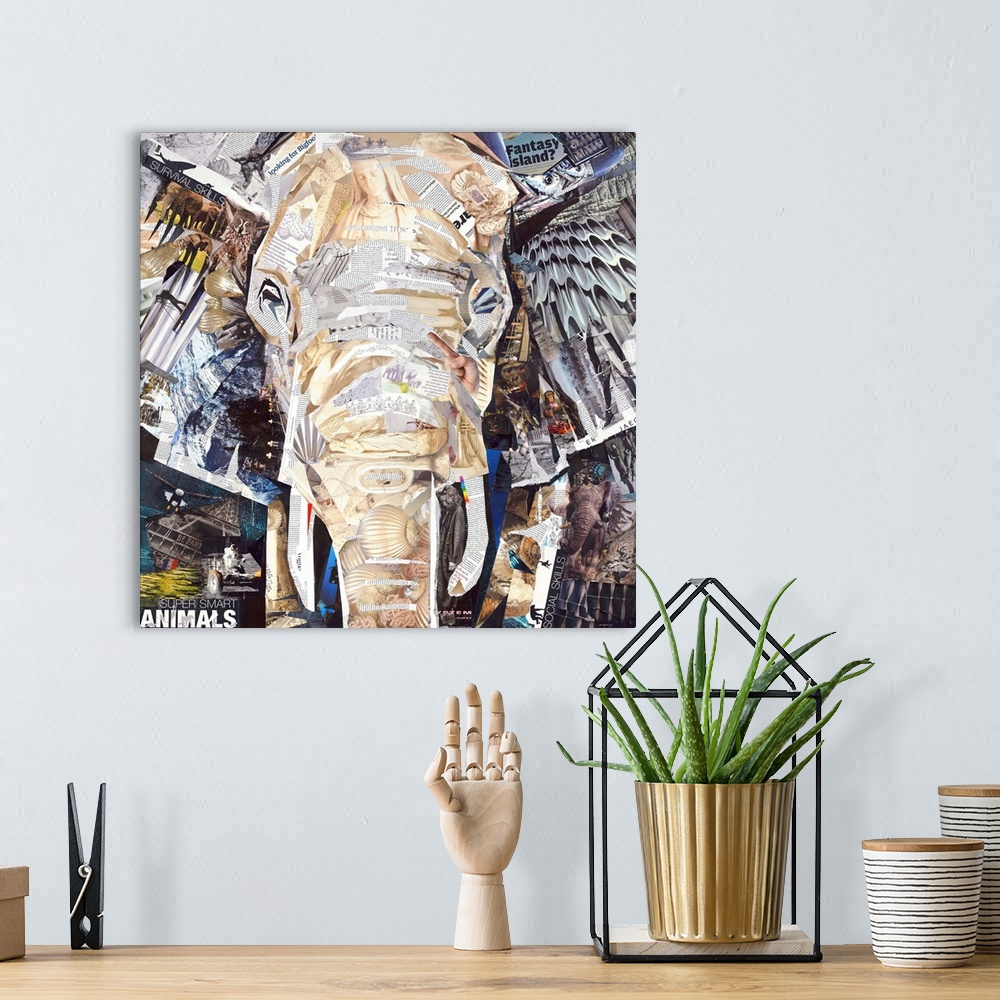 A bohemian room featuring Mixed media artwork of an elephant  made from cut magazine and book pages.