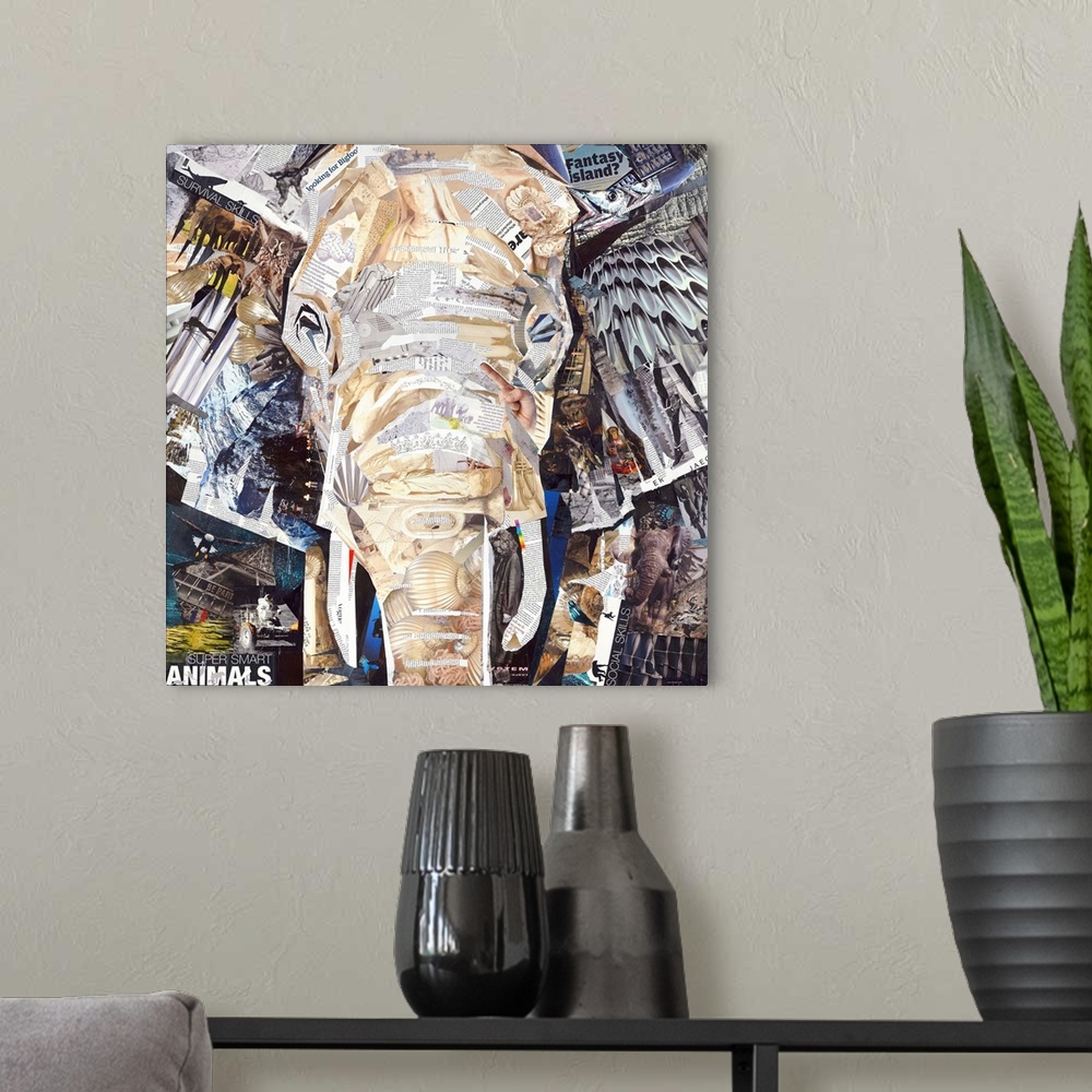A modern room featuring Mixed media artwork of an elephant  made from cut magazine and book pages.