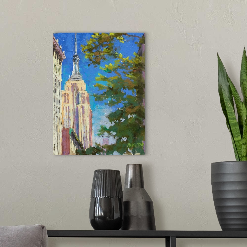 A modern room featuring A contemporary painting of the Empire States Building with a tree in the foreground.