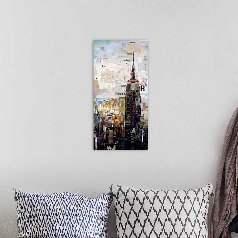 A bohemian room featuring Mixed media artwork of the Empire States Building made from cut magazine and book pages.