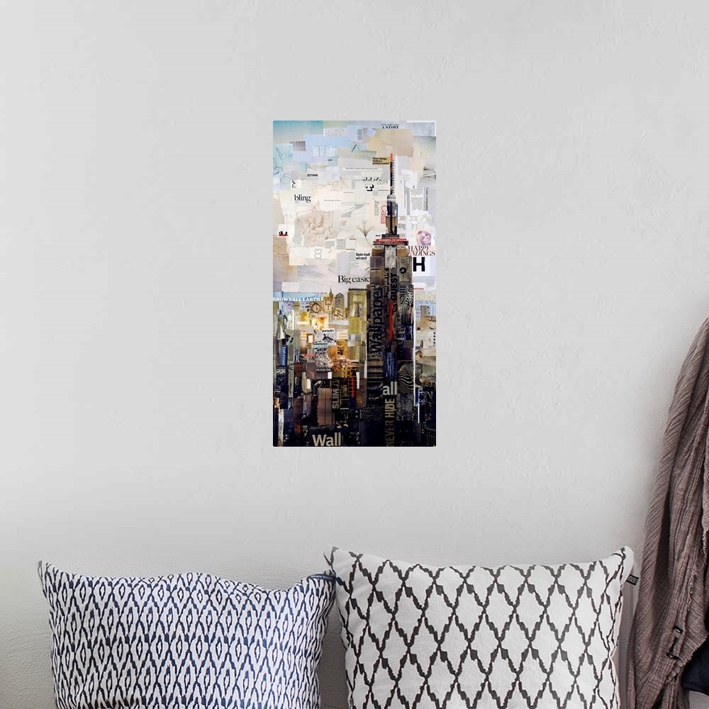 A bohemian room featuring Mixed media artwork of the Empire States Building made from cut magazine and book pages.