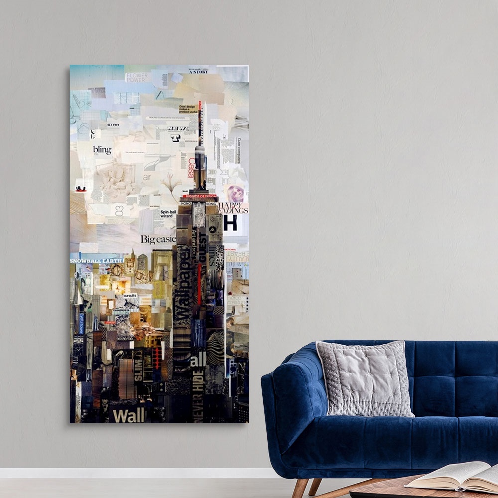 A modern room featuring Mixed media artwork of the Empire States Building made from cut magazine and book pages.