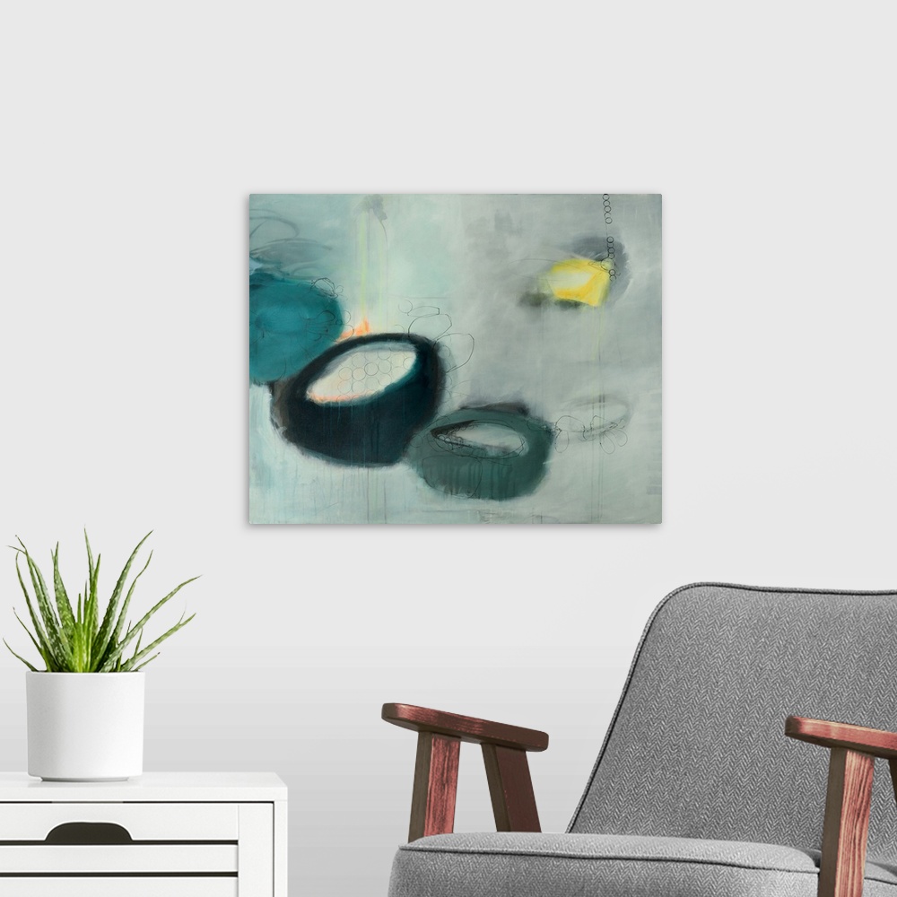 A modern room featuring Contemporary abstract painting using dark cool tones and organic shapes.