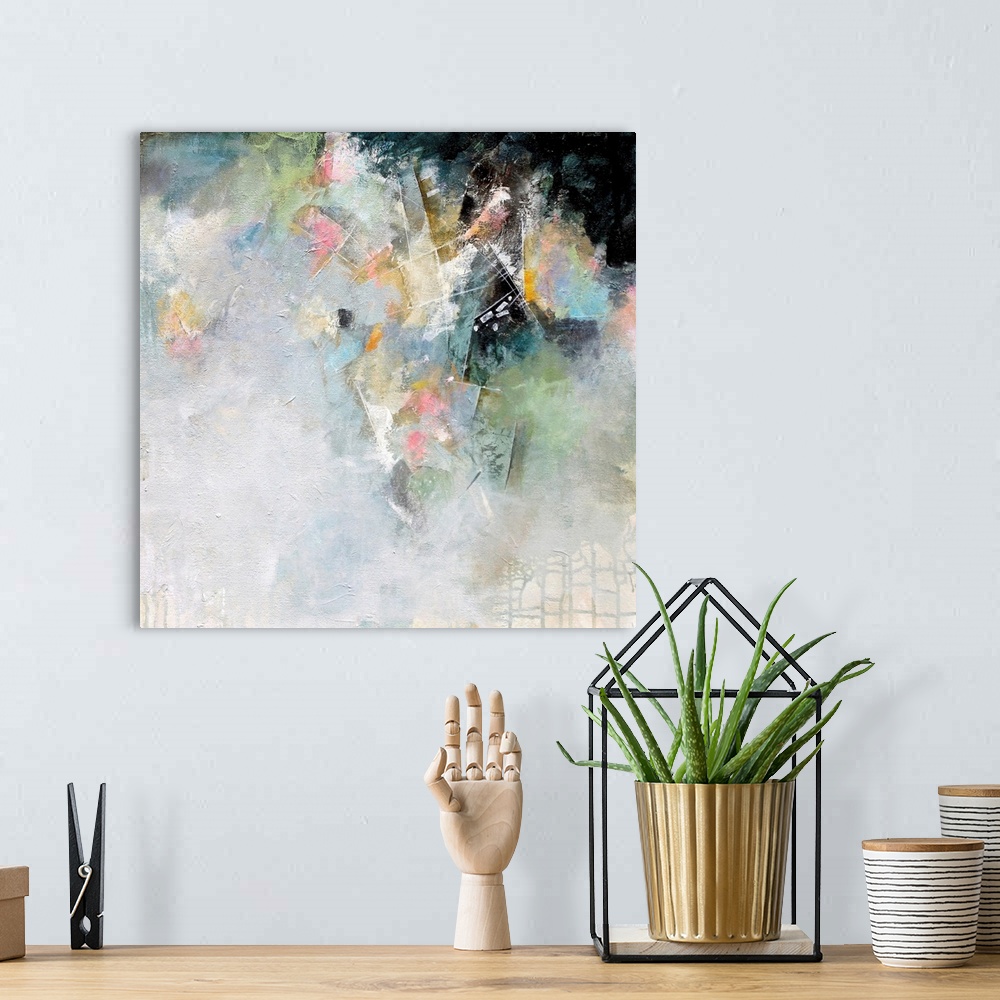 A bohemian room featuring Contemporary abstract painting in muted gray and various pastel colors.