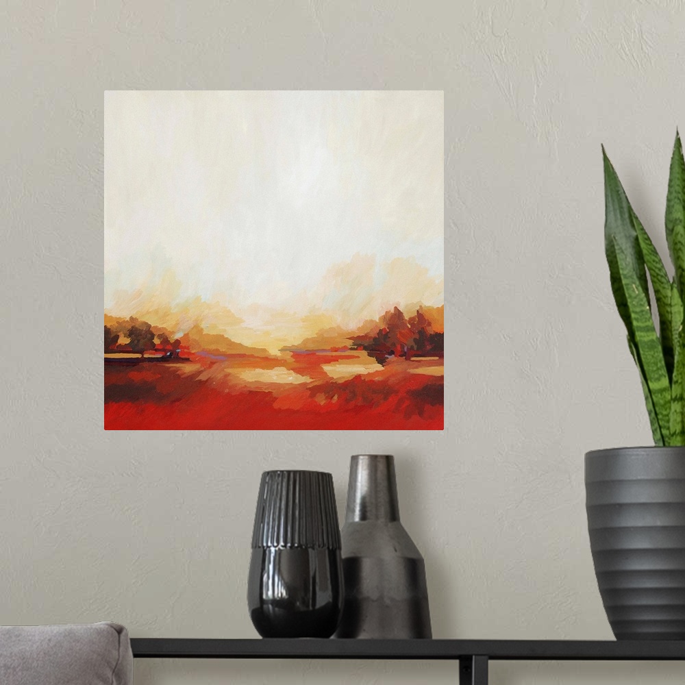 A modern room featuring A contemporary abstract painting of a red landscape under a light cream sky.