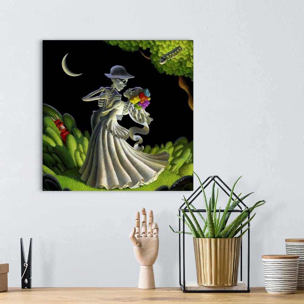 A bohemian room featuring Whimsical painting of two skeletons dancing in a moonlit landscape.