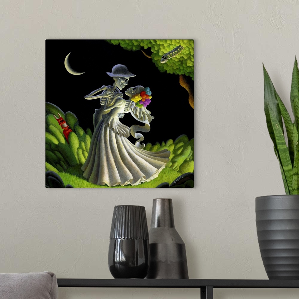 A modern room featuring Whimsical painting of two skeletons dancing in a moonlit landscape.