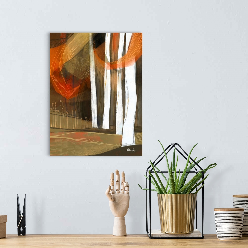 A bohemian room featuring A very contemporary painting of white birch tree trunks with swirls of orange and yellow paint re...