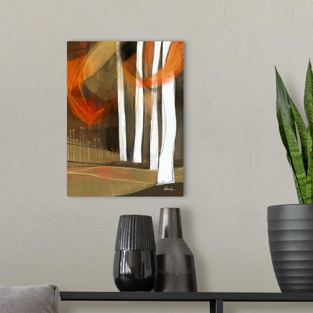 A modern room featuring A very contemporary painting of white birch tree trunks with swirls of orange and yellow paint re...