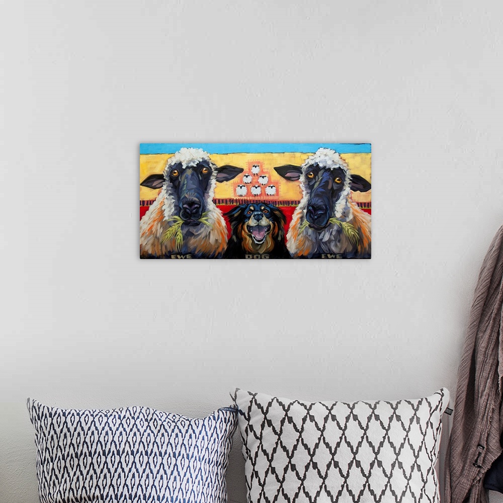 A bohemian room featuring Thick brush strokes create a humorous scene of two sheep and a smiling dog.