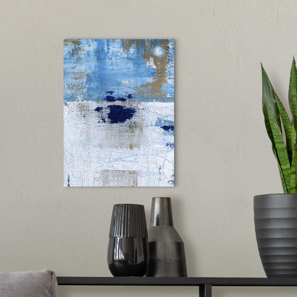 A modern room featuring A contemporary abstract painting using distressed blue and gray tones.