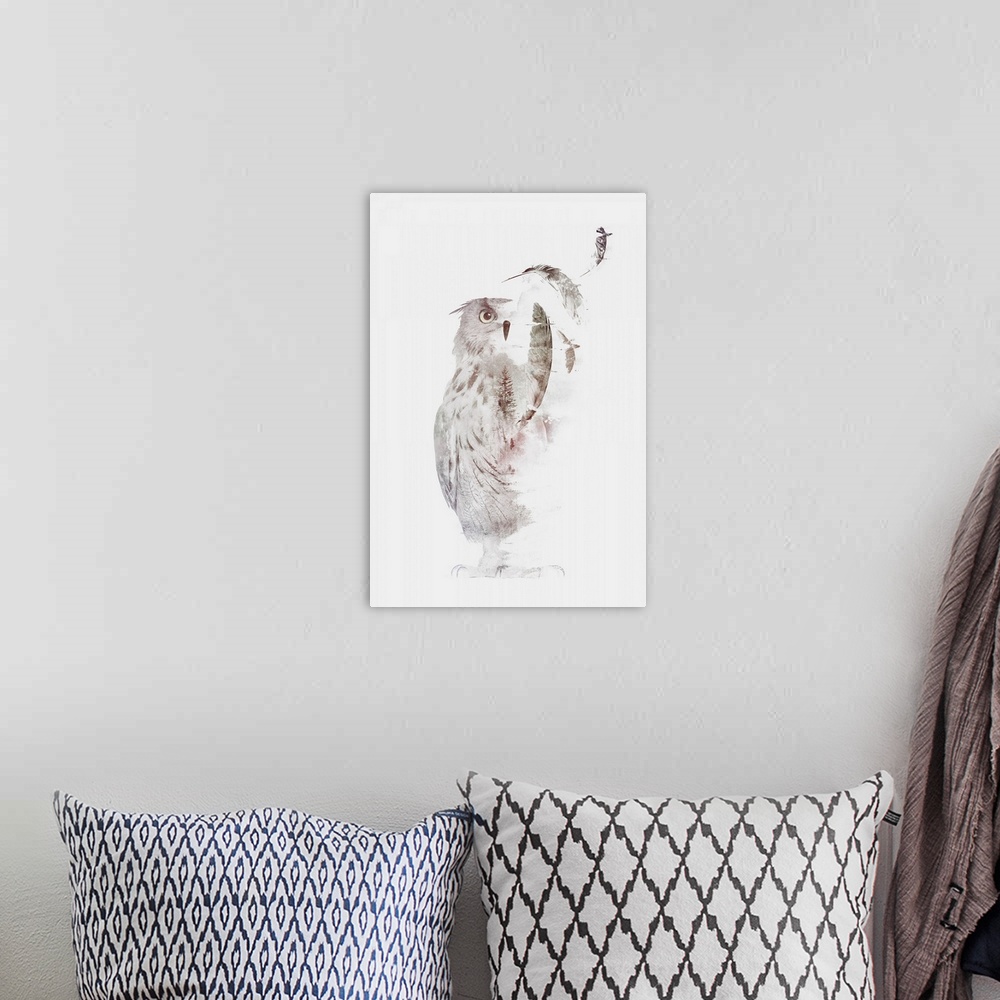 A bohemian room featuring Double exposure artwork featuring a poised owl and forest scene.