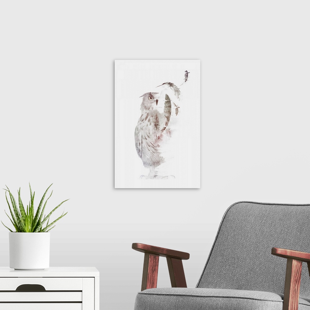 A modern room featuring Double exposure artwork featuring a poised owl and forest scene.