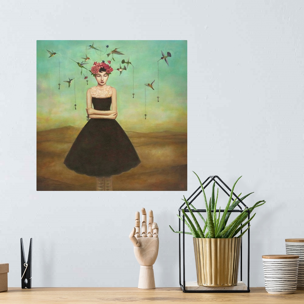 A bohemian room featuring Contemporary surreal artwork of a woman with a flower crown and small birds circling her.