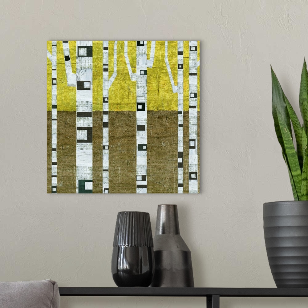 A modern room featuring Stylized painting of a forest of white and black birch trees.