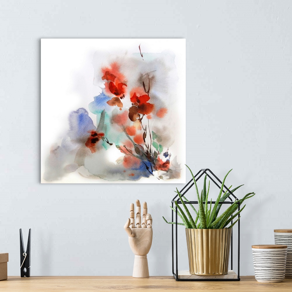 A bohemian room featuring A contemporary watercolor painting of flowers against a white background.