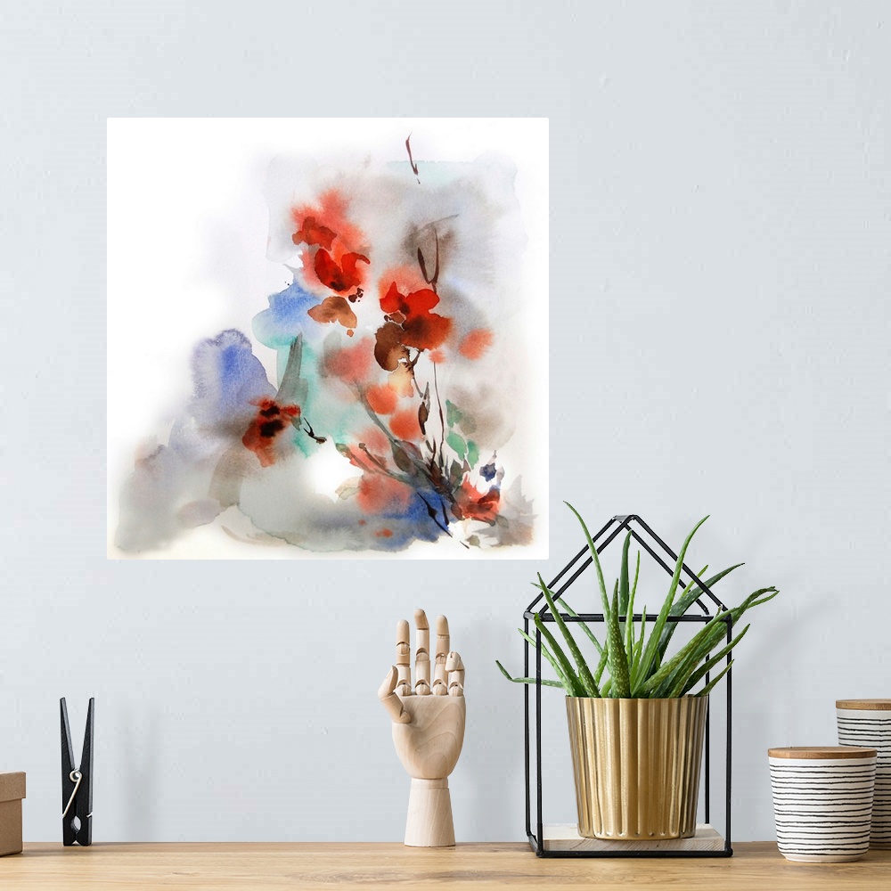 A bohemian room featuring A contemporary watercolor painting of flowers against a white background.