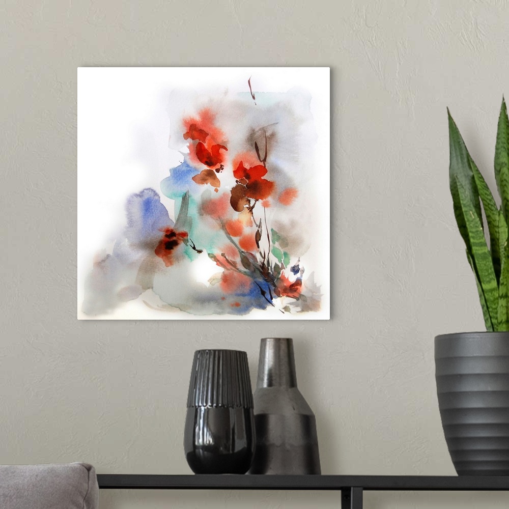 A modern room featuring A contemporary watercolor painting of flowers against a white background.