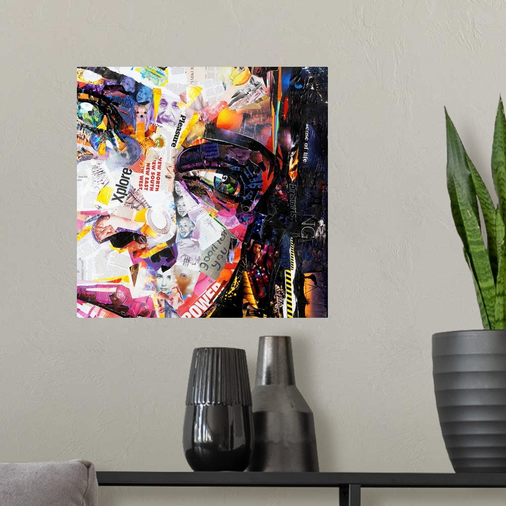 A modern room featuring Mixed media artwork of a portrait of a woman made from cut magazine and book pages.