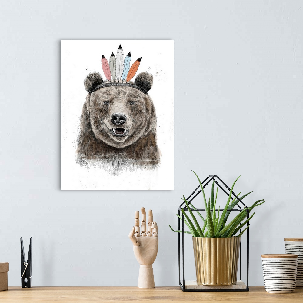 A bohemian room featuring Digital illustration of a bear wearing a feathered headdress.