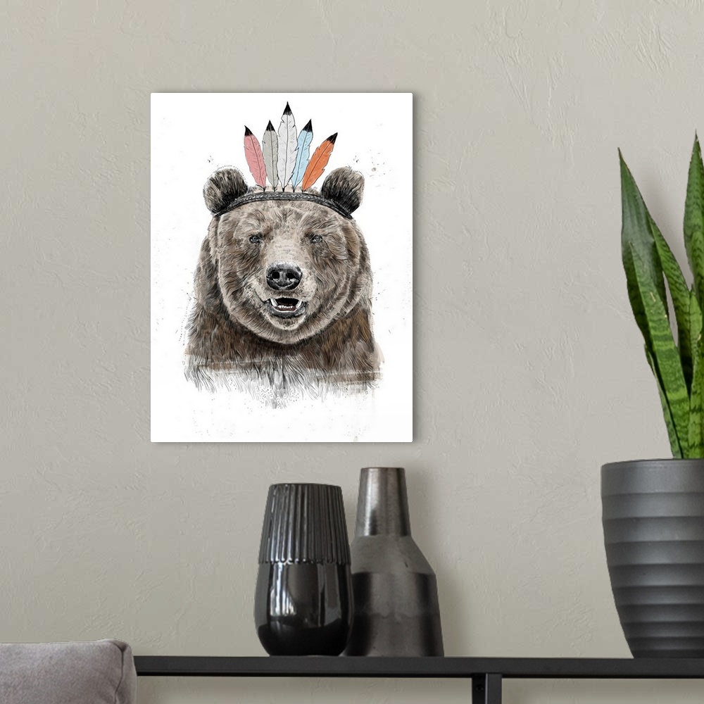 A modern room featuring Digital illustration of a bear wearing a feathered headdress.