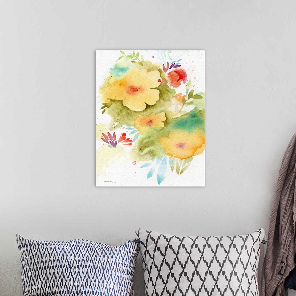 A bohemian room featuring Contemporary watercolor painting of yellow flowers.