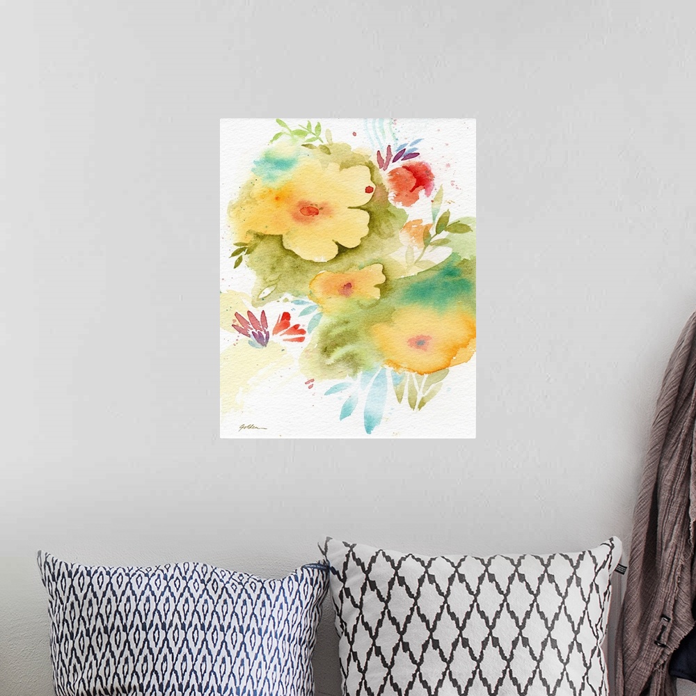 A bohemian room featuring Contemporary watercolor painting of yellow flowers.