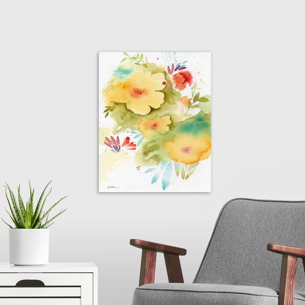 A modern room featuring Contemporary watercolor painting of yellow flowers.