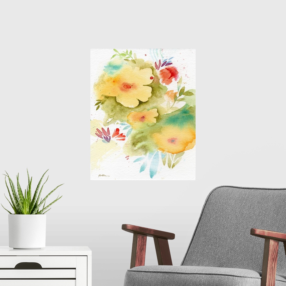 A modern room featuring Contemporary watercolor painting of yellow flowers.
