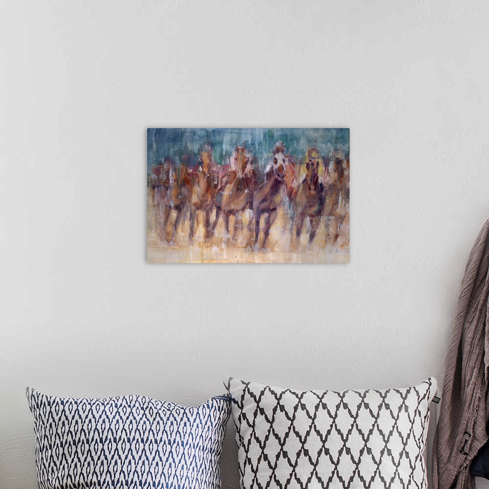 A bohemian room featuring A contemporary painting of a horse race, with the impression of the horses advancing toward you.