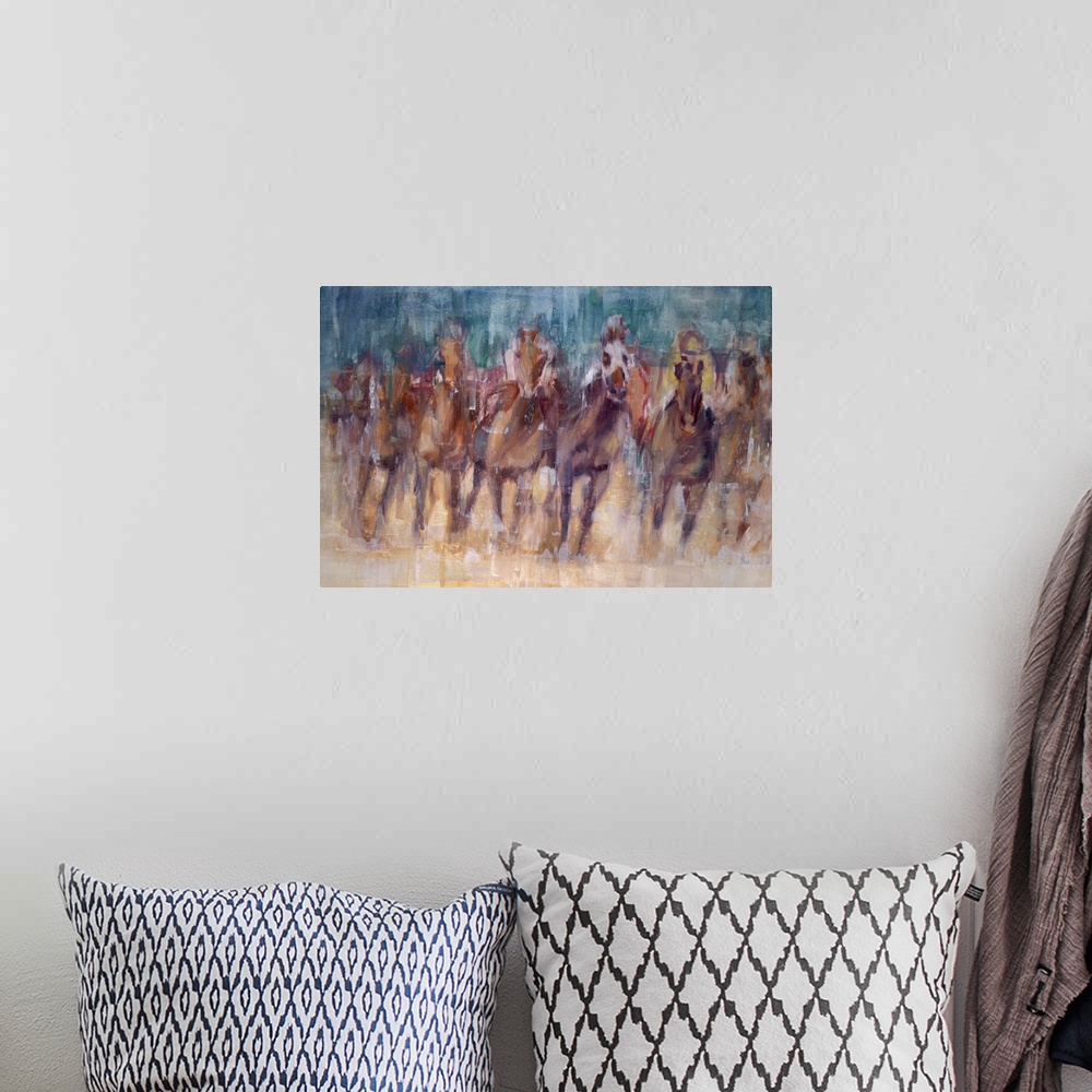 A bohemian room featuring A contemporary painting of a horse race, with the impression of the horses advancing toward you.