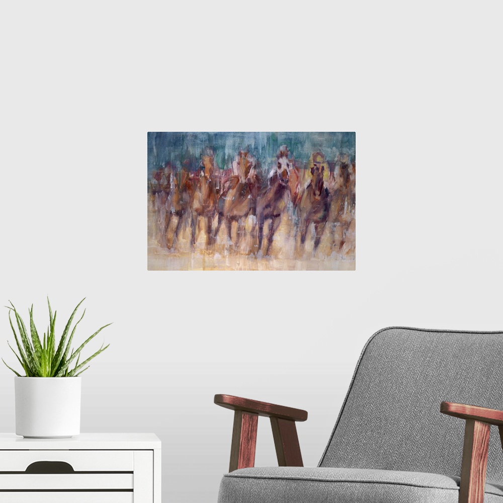A modern room featuring A contemporary painting of a horse race, with the impression of the horses advancing toward you.