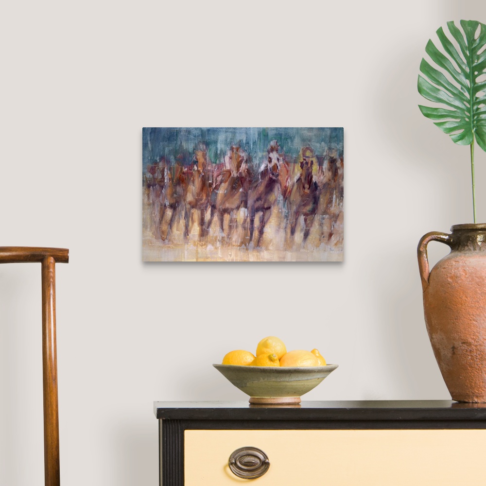 A traditional room featuring A contemporary painting of a horse race, with the impression of the horses advancing toward you.