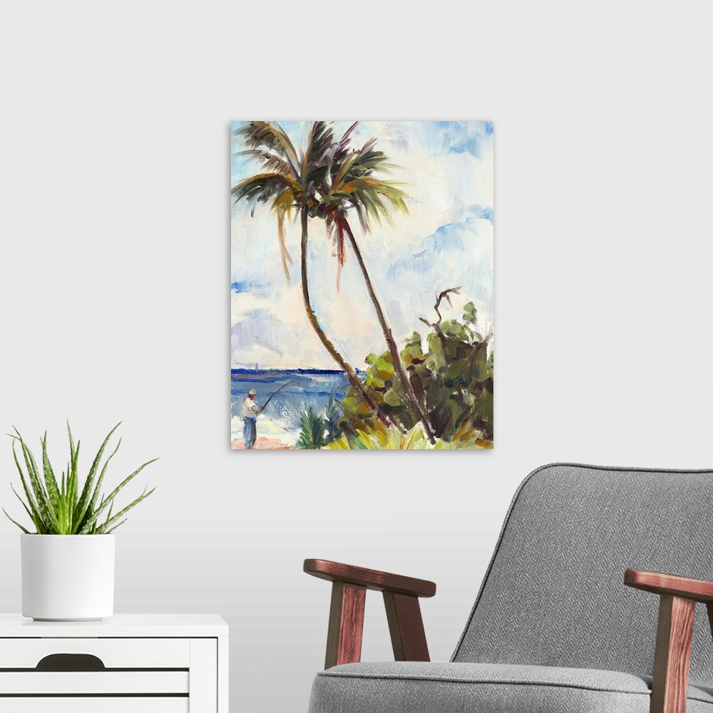A modern room featuring A man fishing on the beach under two tall palm trees.