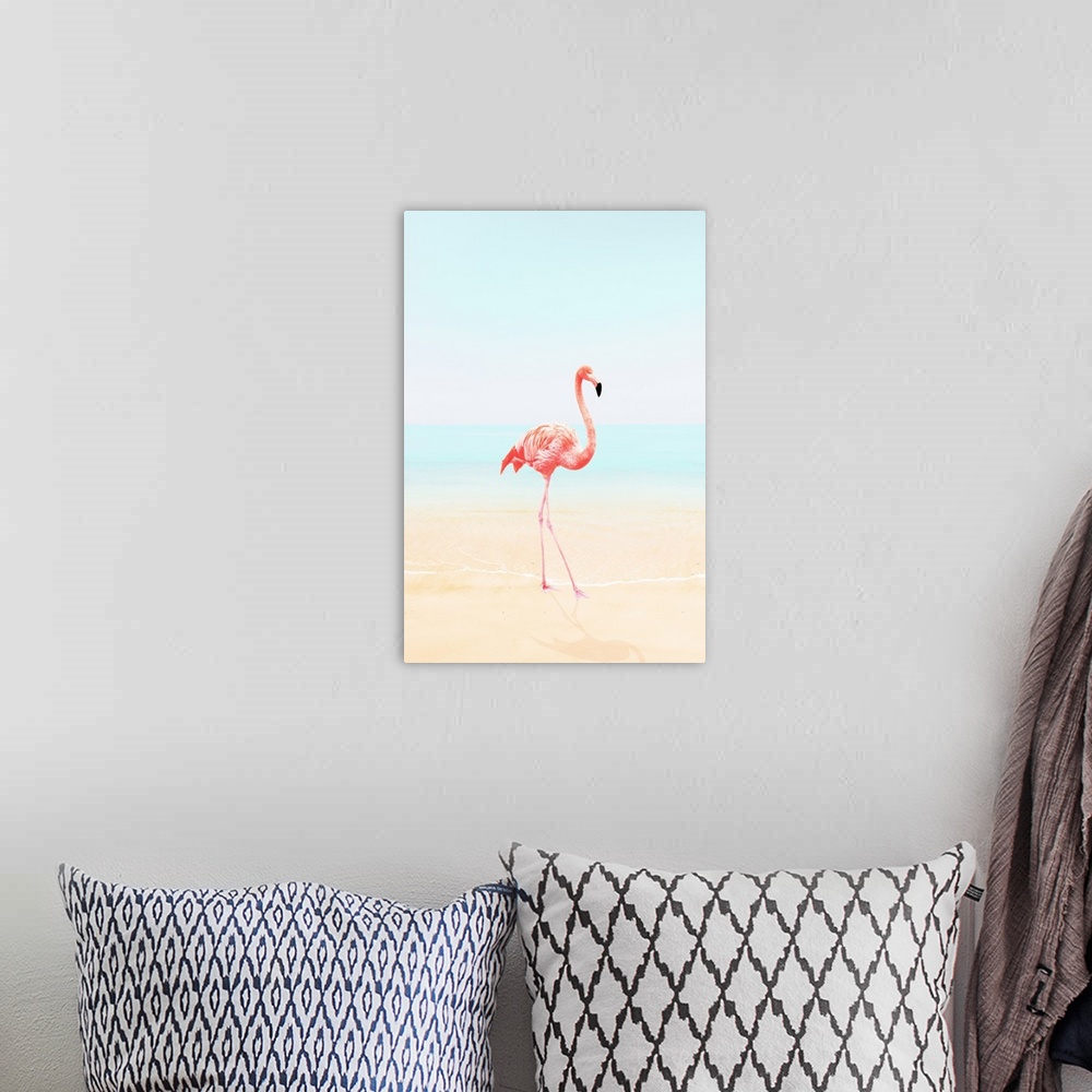 A bohemian room featuring An image of a flamingo walking on a calm beach.