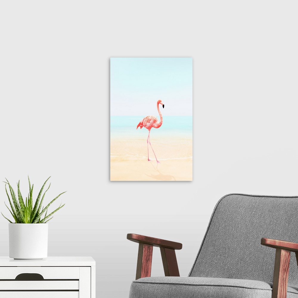 A modern room featuring An image of a flamingo walking on a calm beach.