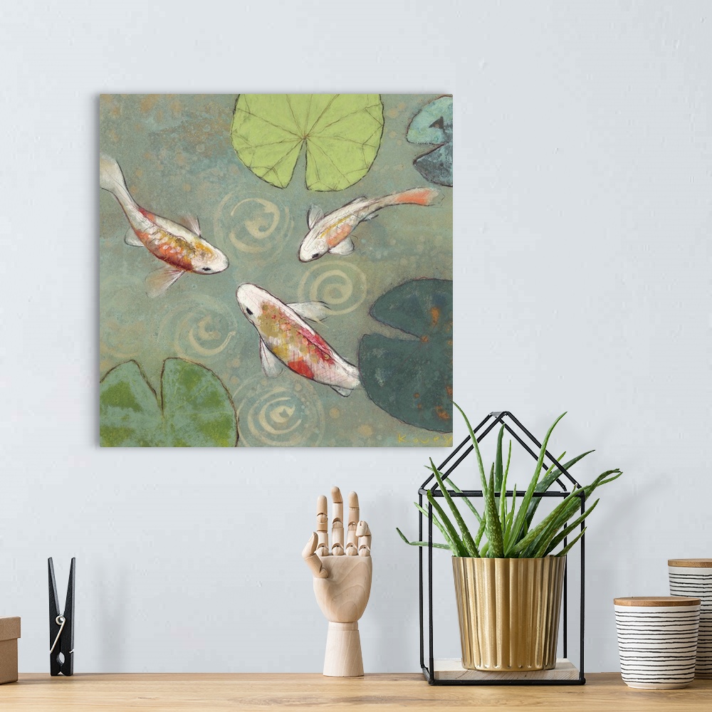 A bohemian room featuring Contemporary painting of white and orange koi swimming amid lily pads in a shallow pond.