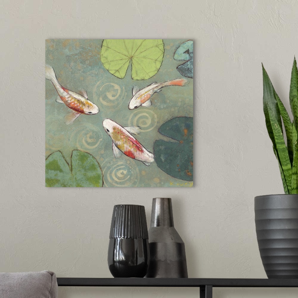 A modern room featuring Contemporary painting of white and orange koi swimming amid lily pads in a shallow pond.